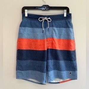 Johnnie-O 9” Shore Half Elastic Surf Swim Shorts in Blue and Orange Stripes, S